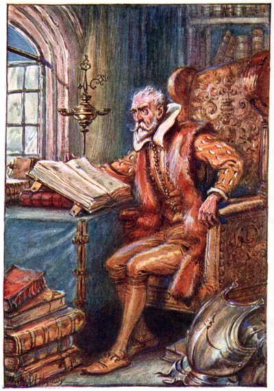 Ele passou seu tempo lendo livros de erotismo cavaleiro, ilustração de "As Aventuras de Dom Quixote", publicado por G. Bell und Sons, Ltd., 1911 de Paul Hardy