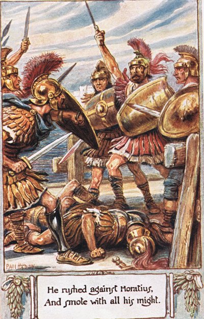 Ele avançou contra Horácio e o socorreu com todas as suas forças, ilustração de "Os Lays da Roma Antiga", de Thomas Babington Macaulay de Paul Hardy