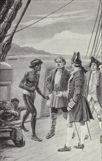 "Nunca antes me encontrei com nativos de qualquer lugar tão espantado como estas pessoas estavam ao entrar num navio" (litho) de Paul Hardy
