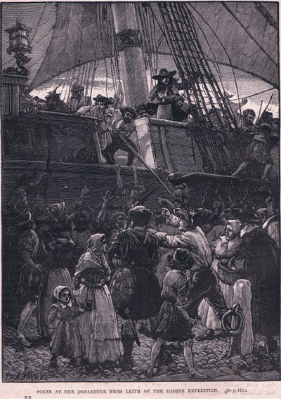Cena da partida de Leith da expedição de Darien AD 1698 (litho) de Paul Hardy