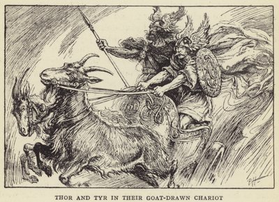 Thor e Tyr em sua carruagem puxada por cabras de Paul Hardy