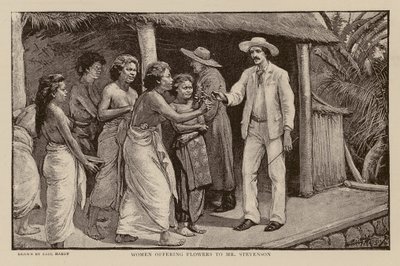 Mulheres oferecendo flores a Robert Louis Stevenson (gravura) de Paul Hardy