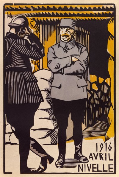 Ofensiva do General Nivelle durante a Batalha de Verdun, Abril de 1916 (xilogravura colorida) de Paul Hermann