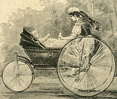 Kinder-Waerterin " (ama) , ilustração de Paul Heydel, um carrinho de bebé que anda como uma bicicleta, da revista Ueber Land und Meer. Deutsche Illustrirte Zeitung " de Paul Heydel