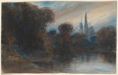 Uma abadia por um lago arborizado no crepúsculo de Paul Huet