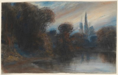 Uma abadia junto a um lago arborizado ao crepúsculo, c.1831 (pastel) de Paul Huet