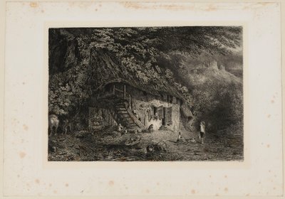 Casa de telhado de colmo normanda com as ruínas do castelo de Arcques. Beraldi 79 IFF 31 de Paul Huet
