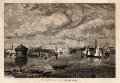 A entrada do porto de Nova Iorque, desenho de Paul Huet (1803-1869), para ilustrar as viagens à América do Norte em 1854-1855, de L. Deville. Gravura em "Le tour du monde", 1861. A coleção de Selva. de Paul Huet