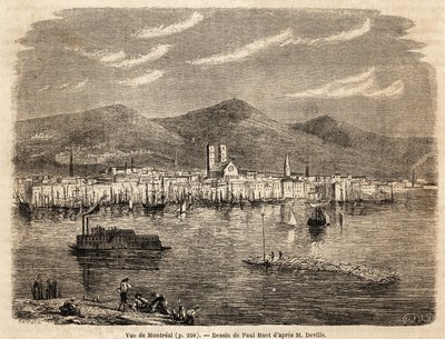 Vista de Montreal, desenho de Paul Huet (1803-1869), para ilustrar as viagens à América do Norte em 1854-1855, de L. Deville. Gravura em "Le tour du monde", 1861. A coleção de Selva. de Paul Huet