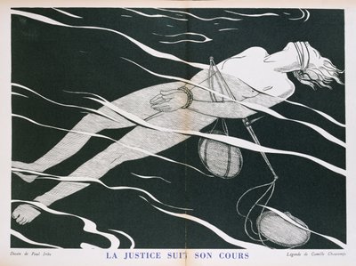 &39;Justice Follows its Course&39;, caricatura do sistema de Justiça, de &39;Parlons Francais&39; publicado por Floury. 1934 de Paul Iribe