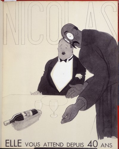 Ela espera por si há 40 anos O empregado de um restaurante dirige-se a um cliente desenhando uma garrafa de vinho. - anúncio para Nicolas, desenho de Paul Iribe (1883-1935) de Paul Iribe