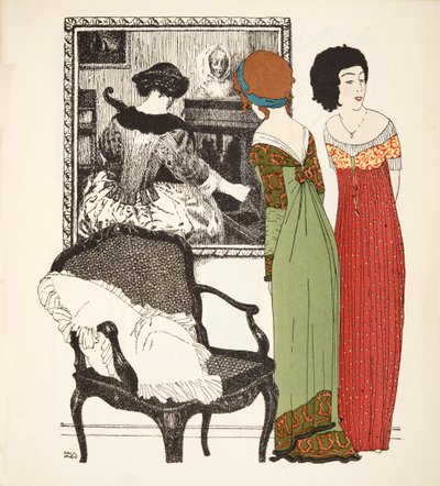 Dois vestidos de linha império do pub The Dresses of Paul Poiret. 1908 (estêncil) de Paul Iribe