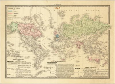 Mapa-múndi francês de 1840 que representa os territórios dos impérios britânico, francês e russo de Paul Kaeppelin