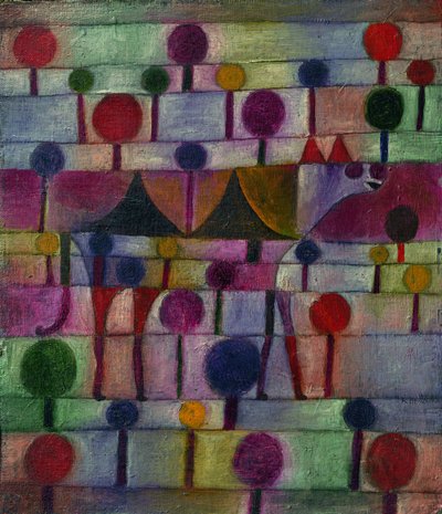 Camelo em uma paisagem rítmica de árvores, 1920 de Paul Klee