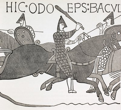 O bispo Edues segurando o seu bastão e encorajando os soldados do duque da Normandia na batalha de Hastings. Segundo um pormenor da Tapeçaria de Bayeux. de Paul Lacroix