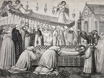 Morte de São Bento de Núrsia ou São Benedito de Núrsia, 480-547, na Abadia de Monte Cassino. de Paul Lacroix