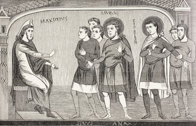 Os santos Savin e Cipriano confessando ao procônsul Galerius Maximus que são cristãos. Segundo um afresco do século XI na Igreja de São Savin, Vienne, França. de Paul Lacroix