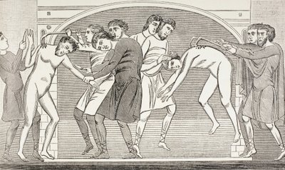 Os santos Savin e Cipriano tendo sua carne arrancada de seus corpos por ganchos de ferro. Segundo um afresco do século XI na Igreja de São Savin, Vienne, França. de Paul Lacroix