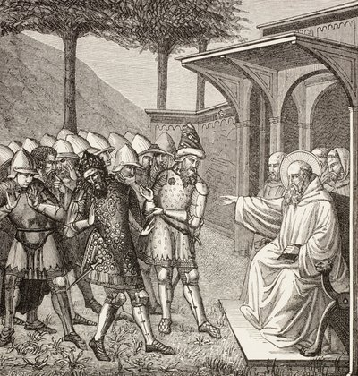 São Bento de Nursia censura Baduila Aka Totila, rei dos Ostrogodos, por o ter enganado e prediz a sua morte. de Paul Lacroix