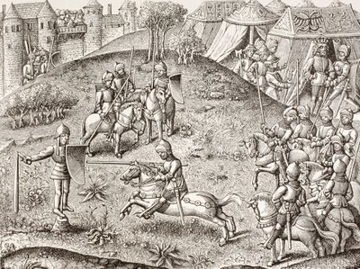 Inclinando-se para um Quintain, a efígie giratória de um cavaleiro. Segundo uma miniatura das Chroniques de Charlemagne do século XV. de Paul Lacroix