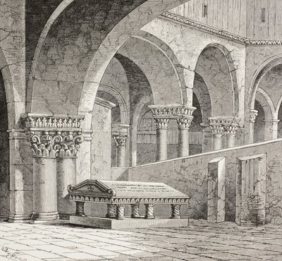 Túmulo de Godofredo de Boullon, C 1060 - 1100, tal como existia na Igreja do Santo Sepulcro, Jerusalém. O túmulo está agora destruído. Segundo um desenho feito no local em 1828. de Paul Lacroix
