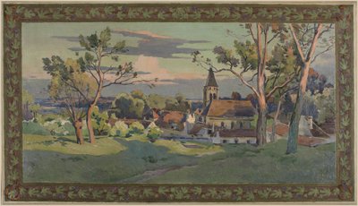 Esboço para a Câmara Municipal de Thiais: aldeia com uma igreja, cerca de 1902 (óleo sobre tela) de Paul Léon Felix (attr. to) Schmitt