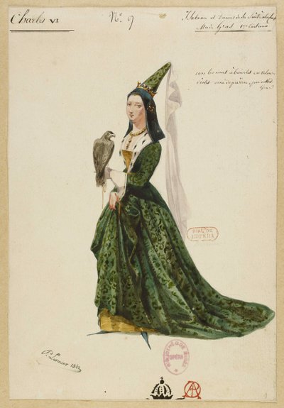 Isabel da Baviera. Figurinos para a ópera Carlos VI de Fromental Halévy, 1843. de Paul Lormier