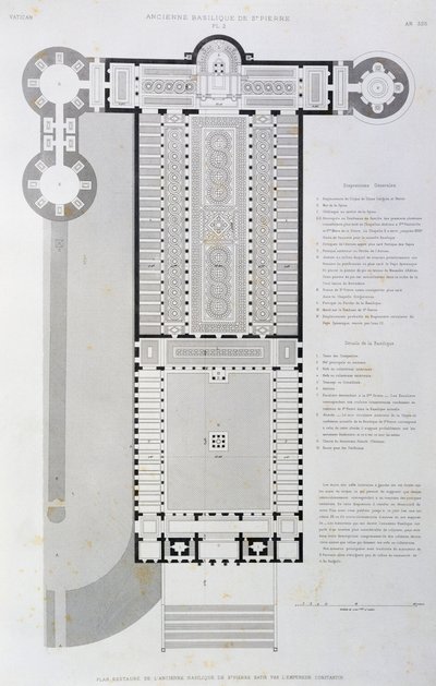 Restaurada a planta da antiga Basílica construída pelo Imperador Constantino, gravada a partir do Vaticano e da Basílica de São Pedro. de Paul Marie Letarouilly