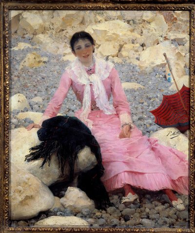 Retrato de Fernande Mathey (1857-1941) na praia Pintura de Paul Mathey (1844-1929) Sol do século XIX. 0,55x0,46 m Paris, musee d