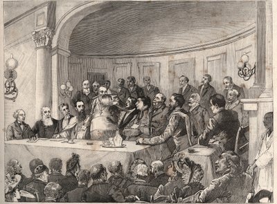 O Congresso Anti-Escravidão realizado em Paris nos dias 21, 22 e 23 de Setembro de 1890 na Sociedade de Geografia na presença de Jules Simon, Emile Keller e Monseigneur Lavigerie. Gravura depois do desenho de Paul Merwart em "O Mundo Ilustrado" de 1890. de Paul Merwart