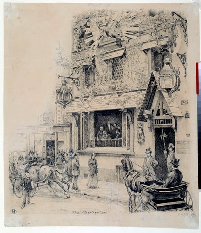 Vista da entrada para o Cabaret du Chat Noir. Desenho de tinta de Paul Merwart (1855-1902) Paris do século XIX, Musee Carnavalet de Paul Merwart
