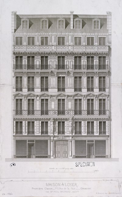 Projeto para um bloco de apartamentos do estilo Haussmann na rue de la Paix, Paris, c.1860 de Paul Mesnard