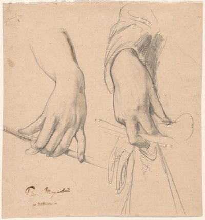 Uma mão esquerda segurando um cajado e uma mão direita segurando uma luva e um chicote (?) de Paul Meyerheim