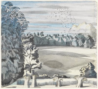 Paisagem com Gralhas, c.1913-14 (giz preto e aquarela sobre papel) de Paul Nash