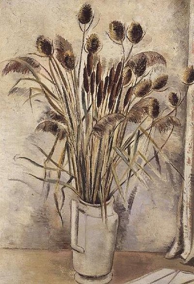 Natureza Morta com Bullrushes num Jarro Branco de Paul Nash