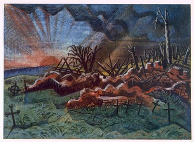Sunrise, Ruins of a Hospice, noroeste de Wytschaete, destruído por bombardeio em 1917, de British Artists at the Front, Continuation of The Western Front, Part Three, Paul Nash de Paul Nash