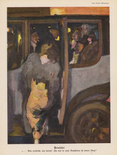 Mulher entrando em um carro para voltar para casa depois de uma noitada (lito colorido) de Paul Rieth