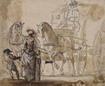 Uma carruagem e par, com cocheiro (lavagem cinza e marrom realçada com branco no papel) de Paul Sandby