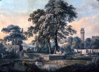Uma paisagem italiana com mulheres por uma piscina de lavagem de Paul Sandby