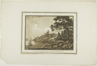 Benton Castle Olhando para baixo do alcance para Milford Haven, de Twelve Views em Aquatinta de desenhos tirados no local em South Wales de Paul Sandby