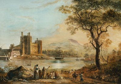 Castelo de Caernarvon, com um harpista em primeiro plano, de Paul Sandby