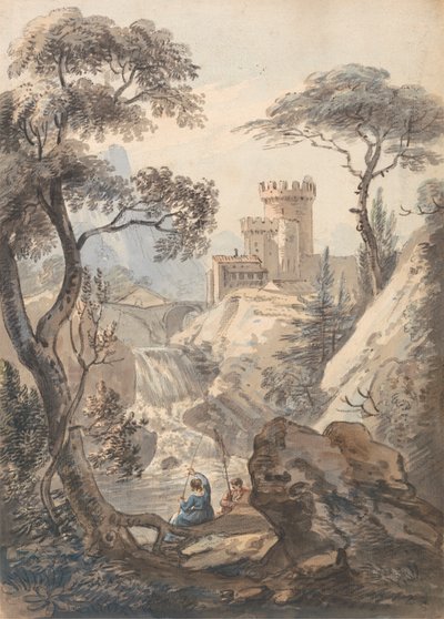 Paisagem italiana com Castelo, Cascata e Pescadores de Paul Sandby