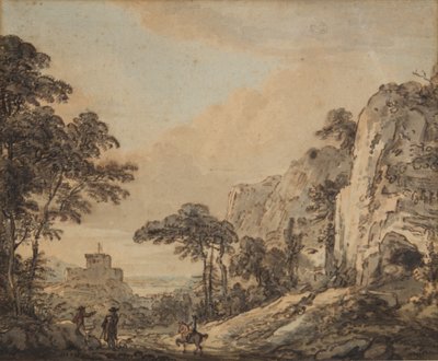 Paisagem com cavaleiro (caneta, tinta, pincel e wc no papel) de Paul Sandby