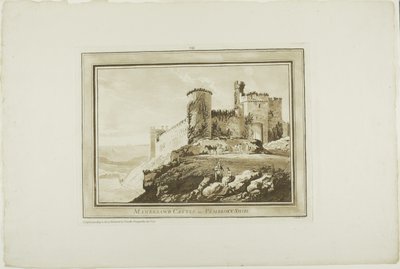 Castelo de Manorbier em Pembrokeshire, de Twelve Views in Aquatinta de desenhos feitos no local em South Wales de Paul Sandby