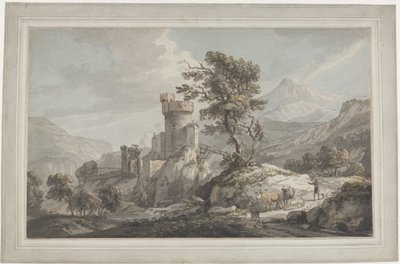 Paisagem montanhosa com fortaleza Paisagem montanhosa com ruínas, uma árvore alta e um pastor com gado de Paul Sandby