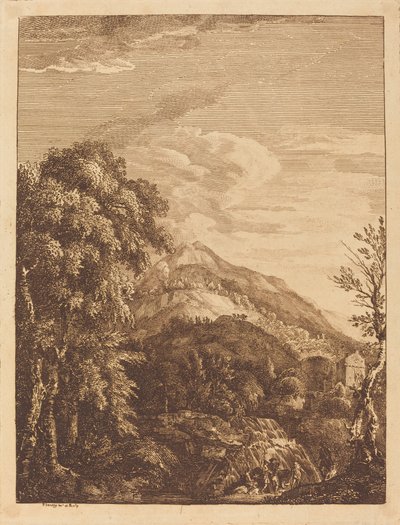 Paisagem montanhosa com cachoeira, torre redonda, castelo e banditti de Paul Sandby