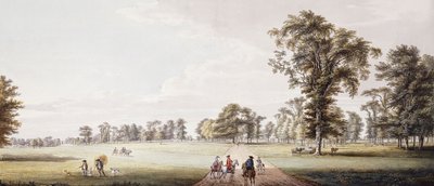 Cavaleiros em uma avenida no parque em Luton, com figuras em um Phaeton e Rustics à esquerda, de Paul Sandby