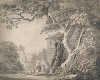 Paisagem Romântica com figuras e um cão de Paul Sandby