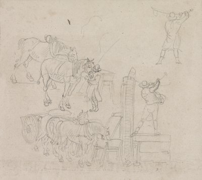 Estudos de um carroceiro bombeando água para seus cavalos (lápis no papel) de Paul Sandby