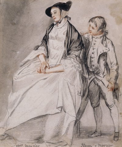 Estudo da Sra. Mercier sentada em uma cadeira, e seu filho mais novo, Henry Mercier, de pé atrás dela, de Paul Sandby